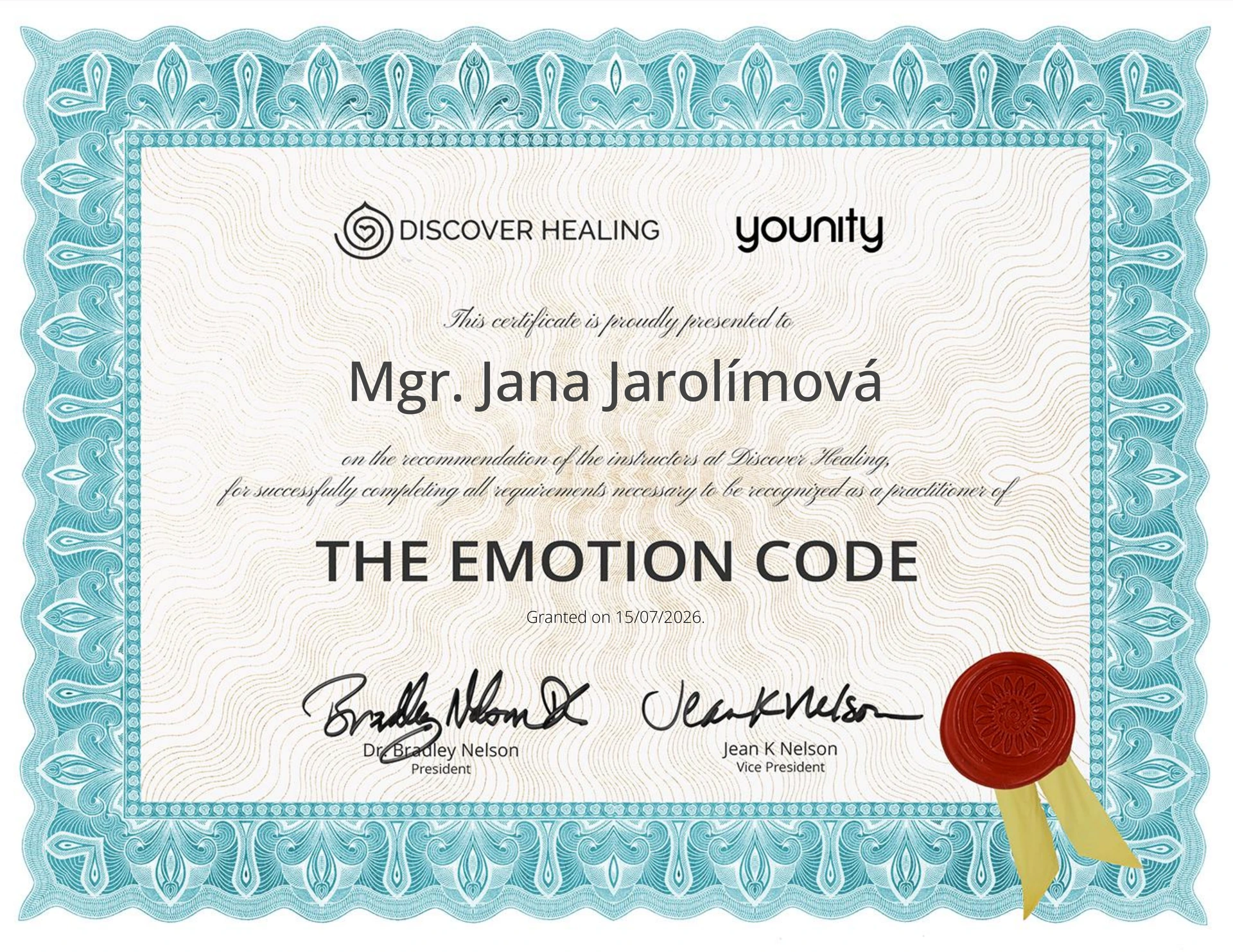 Certifikát praktika metody Emoční kód - Mgr. Jana Jarolímová